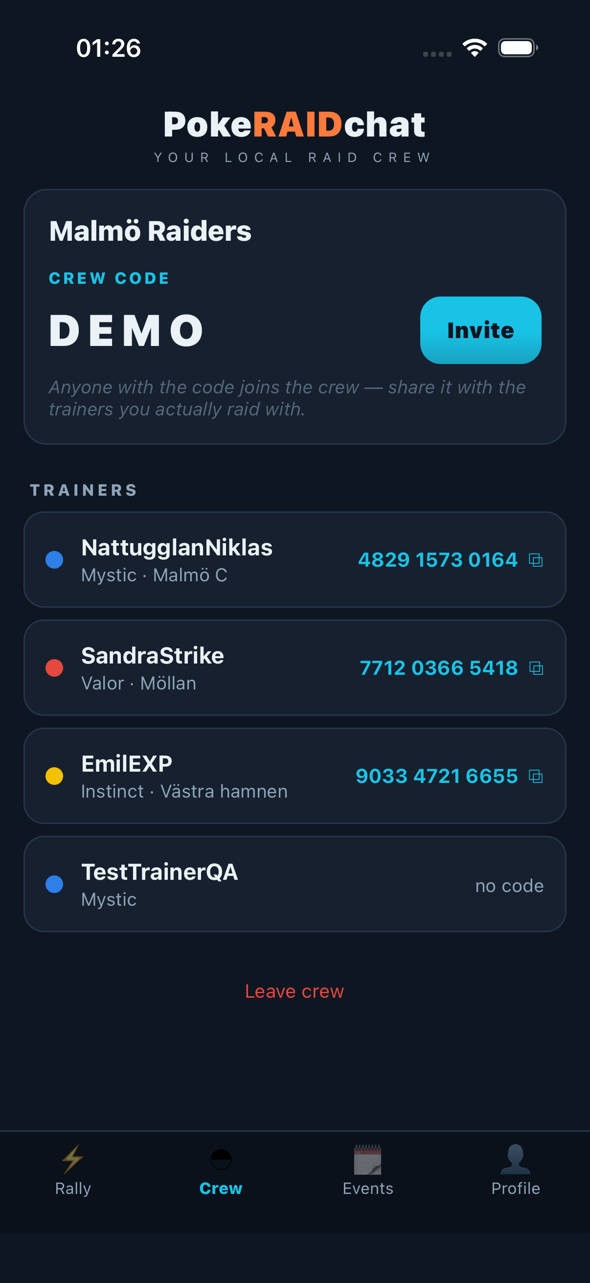 Crew & friend codes